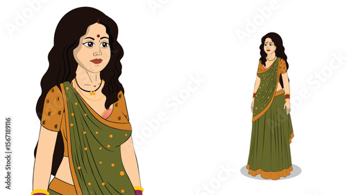 Indian Woman in Saree Cartoon Illustration