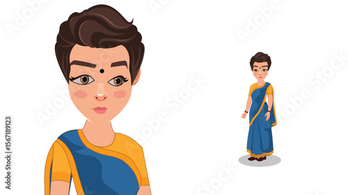 Indian Woman in Saree Cartoon Illustration