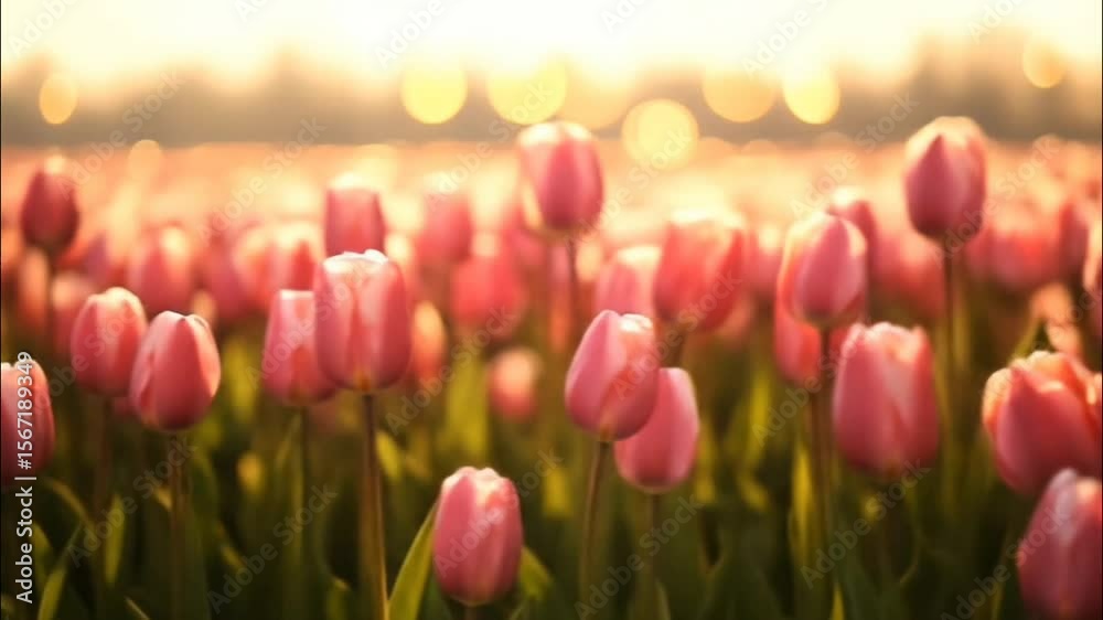 Field of pink tulips swaying gently in warm golden sunset light seamless looping 4k time-lapse animation video background