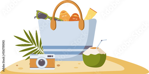 Beach bag with spf creams, coconut and camera on the beach. Summer vacation. Travel time concept. Hand drawn simple vector illustration.
