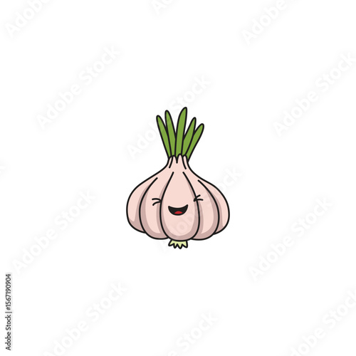 An icon of a cute cartoon garlic bulb with a happy smile, suggesting flavorful and aromatic qualities.