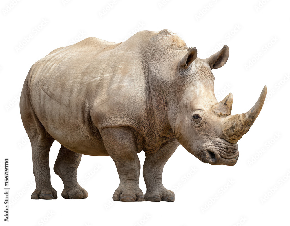 Side view of a white rhinoceros standing, looking at the camera, isolated on a clear background, png, transparent Side view of a white rhinoceros standing, looking at the camera, isolated on a clear background, png, transparent
