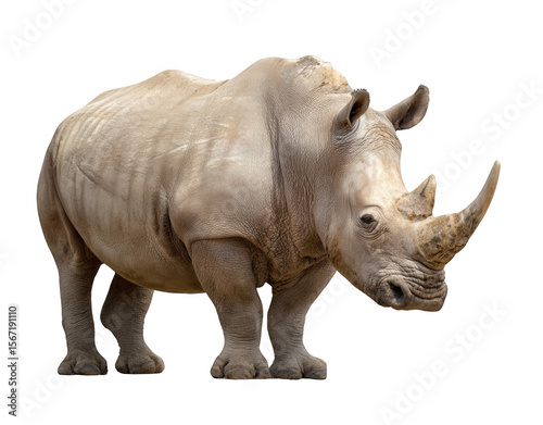 Side view of a white rhinoceros standing, looking at the camera, isolated on a clear background, png, transparent