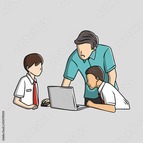 Teacher and Students Learning Together with a Laptop