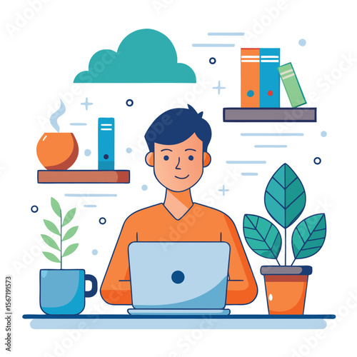 Illustration of a person working remotely with laptop and plants for work from home