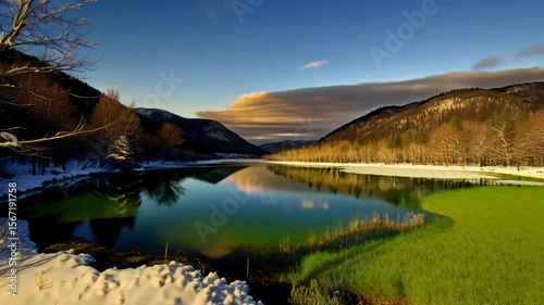 Timelapse of a frozen lake in the mountains thawing, transitioning from winter to spring