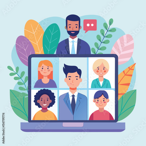 Modern illustration of diverse colleagues in a virtual meeting on a laptop screen