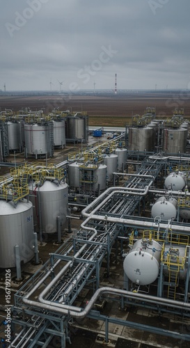 An aerial view shows a large industrial plant with storage tanks and pipelines
