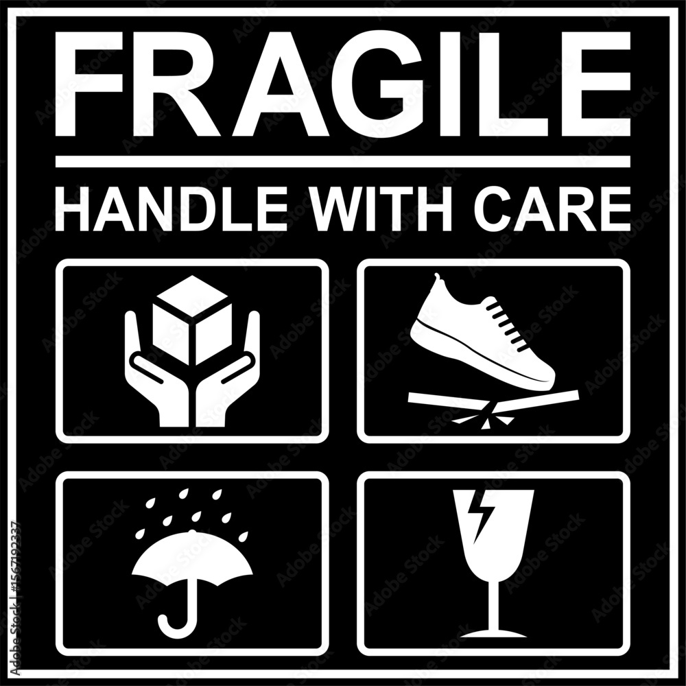 Fototapeta premium Fragile Handle With Care Shipping Label Vector, Packaging Signage and Icons, Caution Sticker Design for Boxes, Shipping and Delivery Warning Graphic
