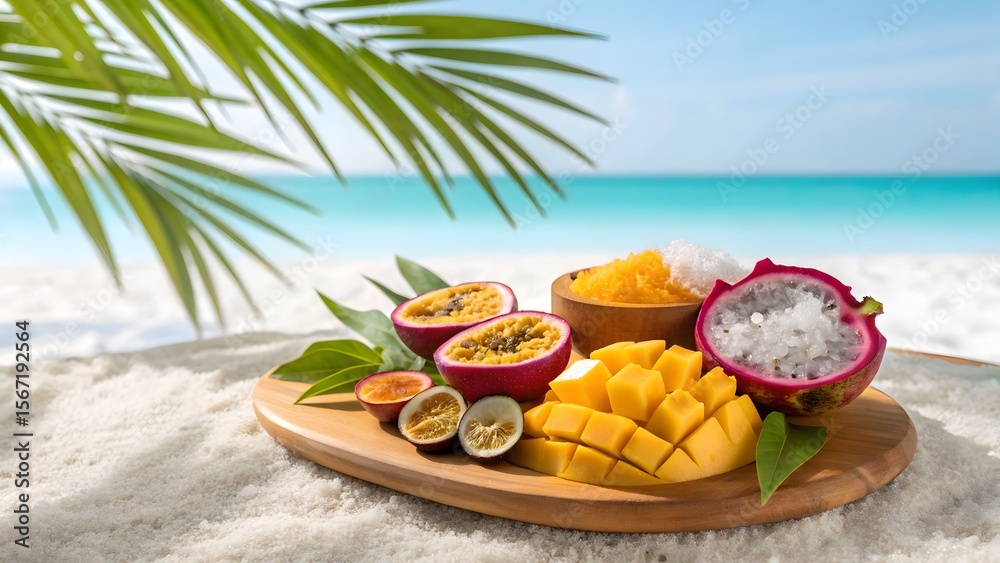 Obraz premium Fresh Tropical Fruits on White Sand Beach with Turquoise Sea Background