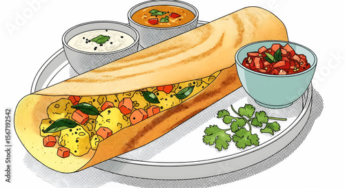 Minimalist Halftone Dosa with Yellow Potato-Carrot Filling, Chutneys, and Coriander Sprigs