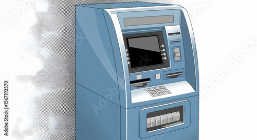 Glossy Blue ATM with Recessed Screen, Cash Dispenser, and Brown-Beige Accents