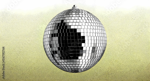 Minimalist Halftone Silver Disco Ball with Reflective Square Tiles and Bright Accents