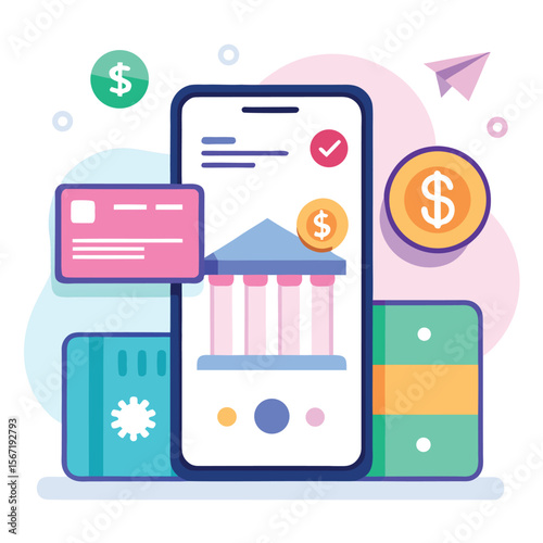 Digital banking and mobile payments illustrated with smartphone and financial icons