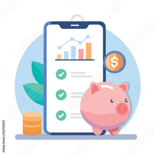 Financial planning concept with a piggy bank smartphone and dollar sign icon