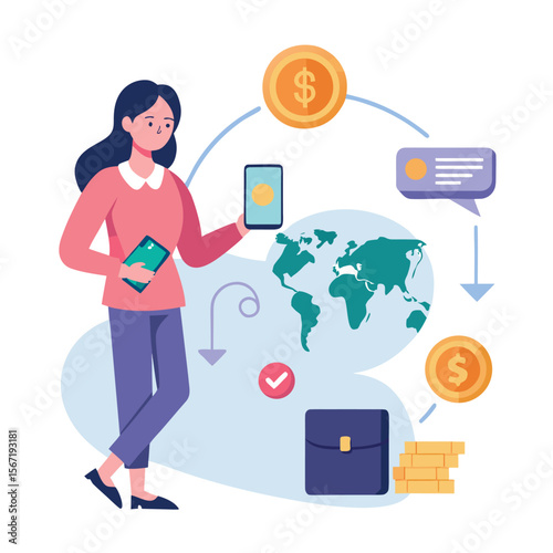 Global finance and digital transactions represented by woman and mobile technology