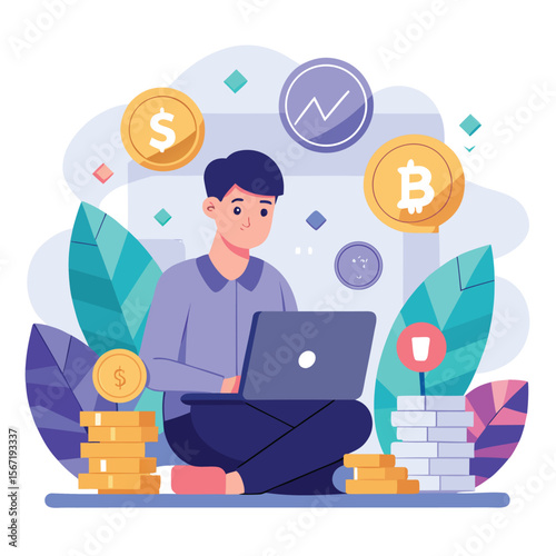 Investing cryptocurrency and dollars using laptop concept with crypto symbols and illustrations