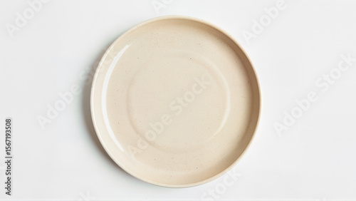 High-angle view of an empty ceramic plate isolated on a white background. Suitable for food presentation, menu design, or product mockups
