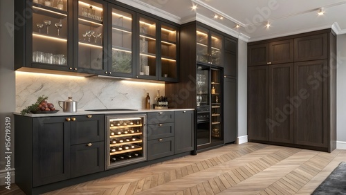 Modern Luxury Kitchen with Dark Matte Cabinets and Built-In Wine Fridge