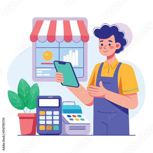 Shop clerk using tablet in store with point of sale equipment illustration