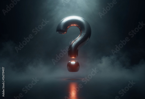 3D Metallic Question Mark Floating in Dark Foggy Room