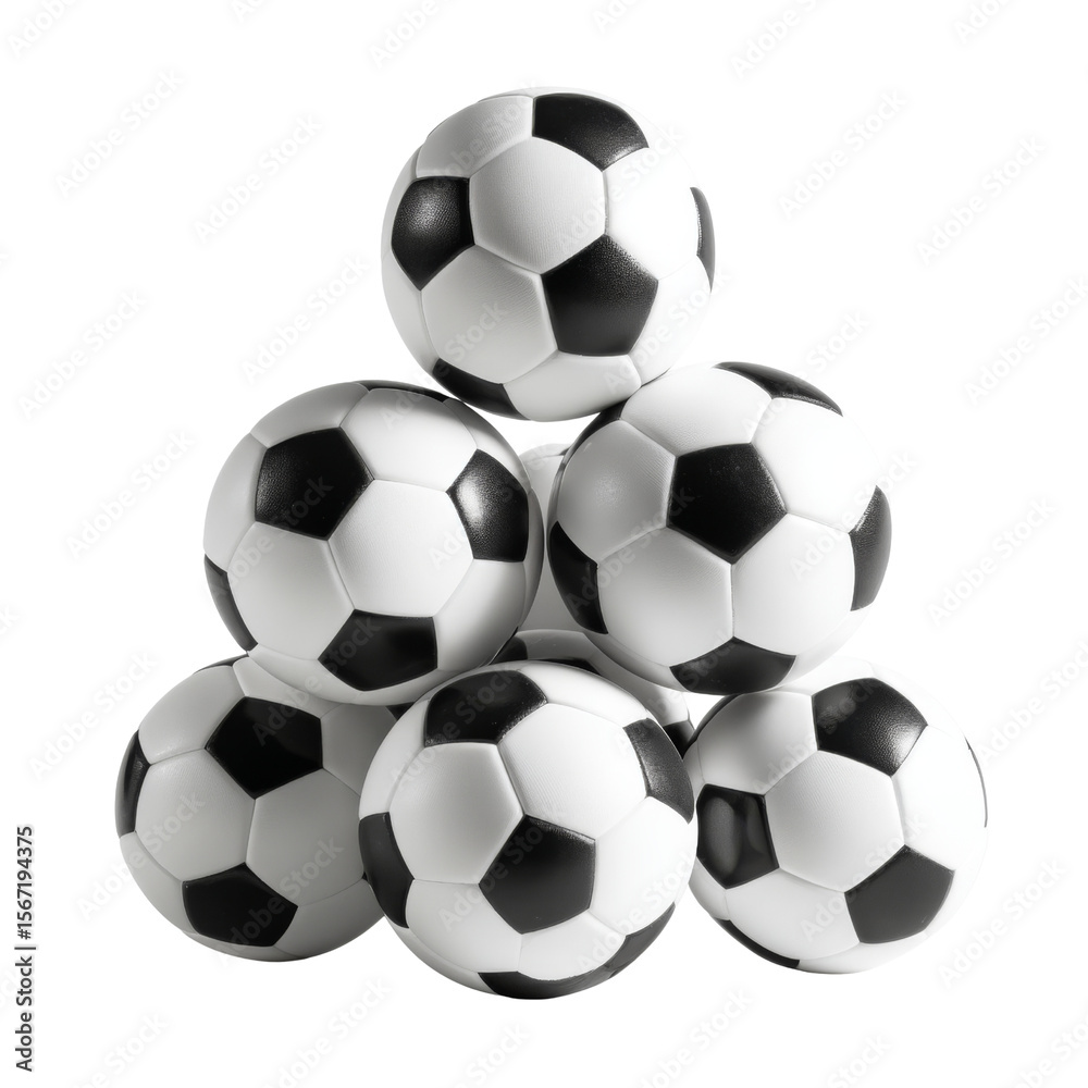 Obraz premium Soccer balls stacked in pyramid shape, showcasing their classic black and white design, evoke sense of playfulness and sport