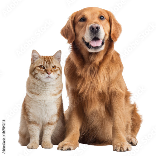 Friendly golden retriever and fluffy orange tabby cat sit together, showcasing their companionship and warmth