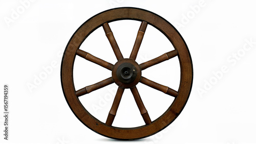 Old wooden wagon wheel with metal hub, isolated on a white background, showing rustic craftsmanship and circular shape. Suitable for historical, transportation, or antique-themed design and