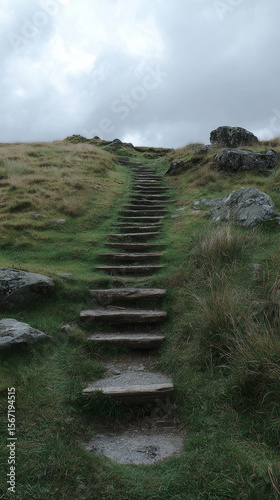 Photograph of wooden stairs leading up grassy hill, surrounded by rocks and cloudy sky, evokes sense of adventure and exploration