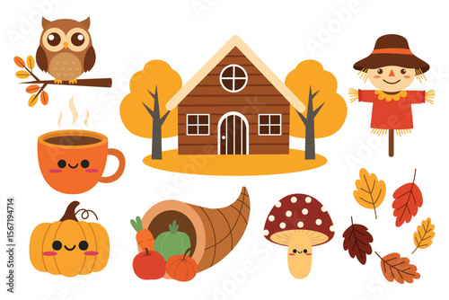 Cute hand drawn autumn set. Suitable for flat design graphic for autumn party, farmers market, harvest festival, thanksgiving day