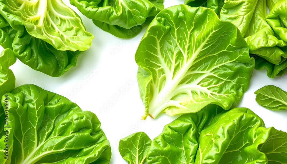 Fototapeta premium a collection of vibrant green lettuce leaves, perfect for a fresh, healthy meal. The leaves are meticulously arranged, showcasing their natural beauty and texture. 