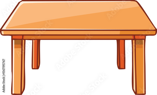 Illustration of a simple, light brown wooden table with four legs, viewed from a low angle.