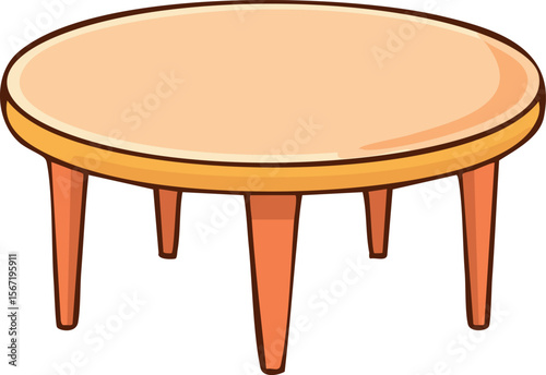 A cartoon illustration of a simple, round wooden table with four legs.