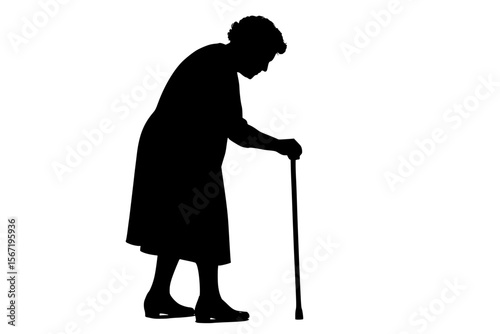 Elderly Woman Silhouette with Cane on White Background