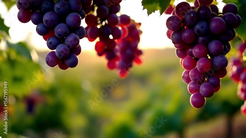 Fresh Ripe Grapes Hanging on Vine in Sunlit Vineyard