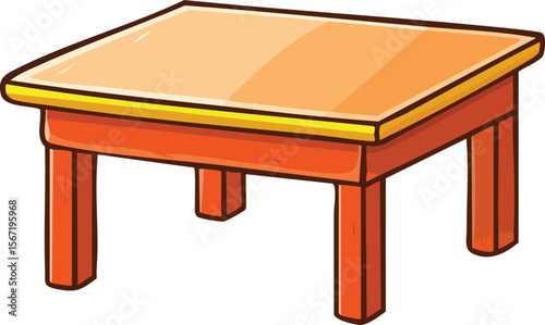 Cartoon illustration of a simple, small, square, wooden table with orange legs.