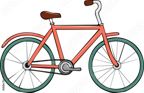 A cartoon illustration of a bicycle with a red frame, green tires, and a brown seat.