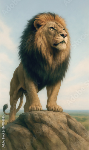 A proud lion stands atop a rock, surveying his domain. A timeless symbol of power, dominance, royal pride, masculine authority, and the noble burden of leadership.