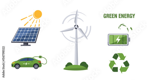 Illustration depicting green energy sources including solar panel wind turbine and electric car usage