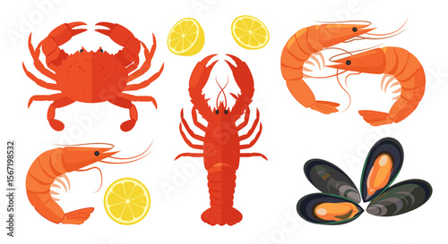 Illustration showcasing a variety of seafood including crab lobster shrimp and mussels with lemons