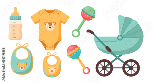 Illustration of baby essentials including a bottle, onesie, bibs, rattles, and a stroller