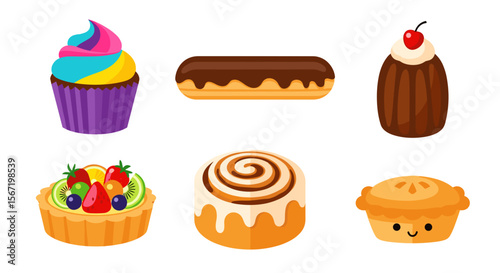 Illustration of a cupcake with colorful frosting, eclair, chocolate dessert, fruit tart and rolls