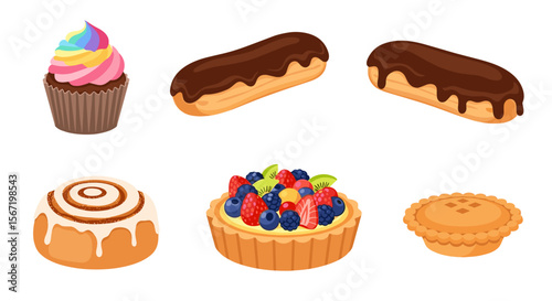 Illustration of six assorted pastries including a cupcake eclairs cinnamon roll fruit tart and pie