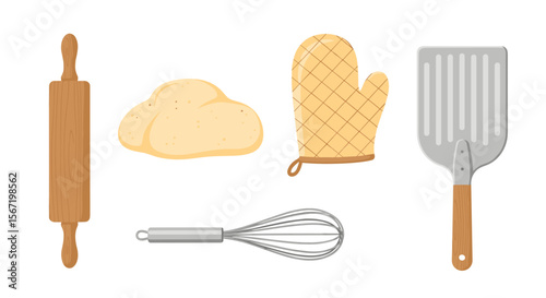 Illustration of baking tools including a rolling pin, dough, oven mitt, spatula and whisk