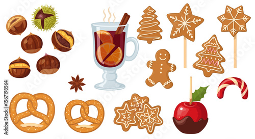 Illustration of festive treats including mulled wine, gingerbread, pretzels, and candied apple