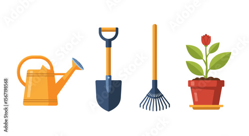 Illustration of gardening tools including a watering can shovel rake and a potted plant on white background
