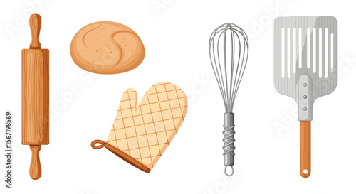 Illustration of baking tools including a rolling pin dough oven mitt whisk and spatula on white