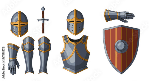 Illustration of a knight's armor set including helmet sword shield and various body coverings