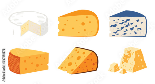 Illustration showcasing six distinct varieties of cheese with different textures and colors