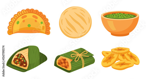 A collection of various latin american foods including empanadas arepas hallacas and plantain chips